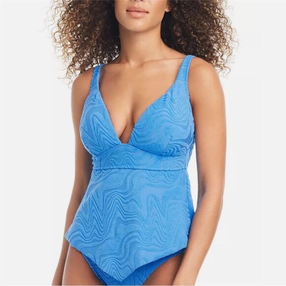 Bar III Blue Textured 2 Piece Swimsuit Hankey Top Tankini Bikini Size S/M NEW - Picture 3 of 15